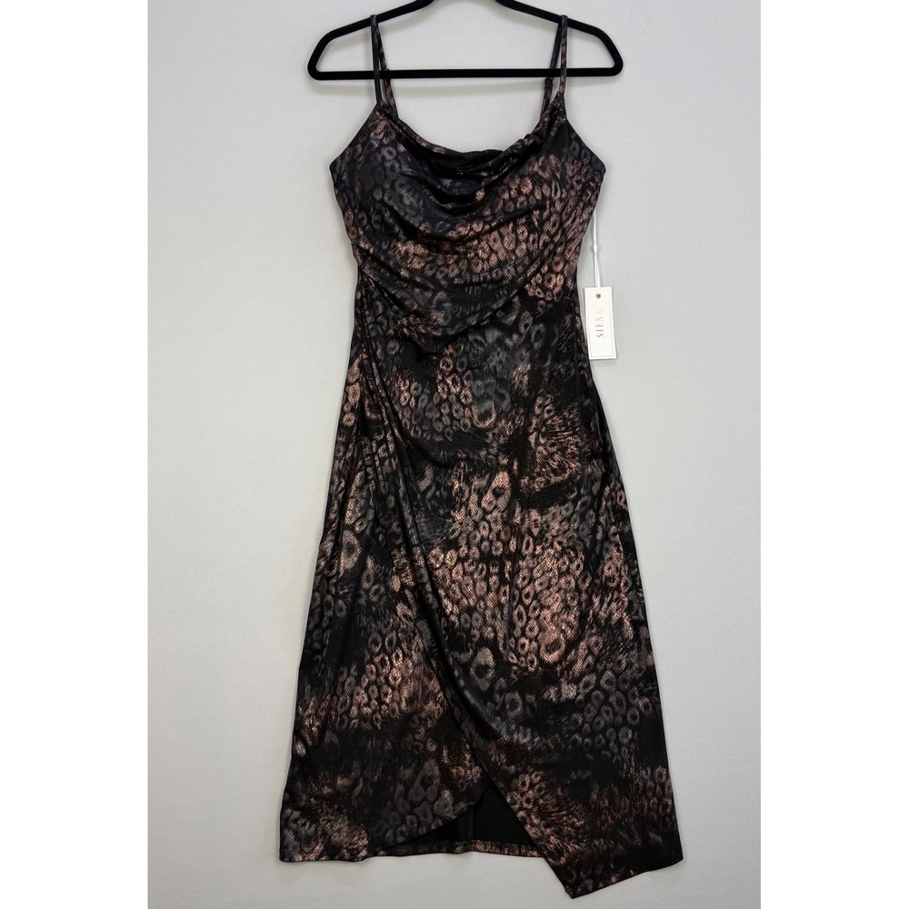 Siena Bodycon Dress Leopard Metallic Bronze Foiled Knit Cowl Neck Midi Size  6